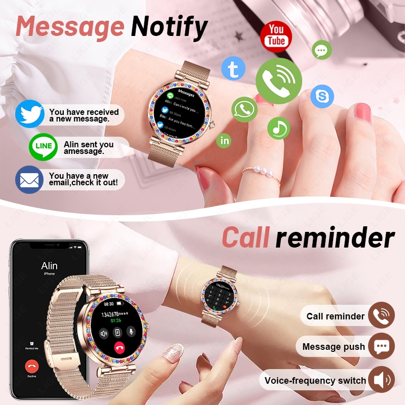 (Silver) Fashion Smart Watch Women Sport Fitness Watch Sleep Health Monitor Women Diamonds Smartwatch