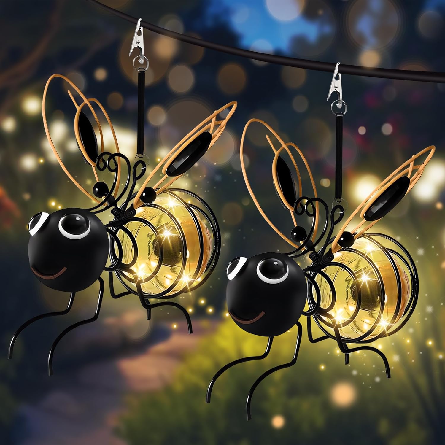 2 Pack Hanging Bee Solar Lights Clip-on Waterproof Solar Garden Lights with Springs Outside Led Lantern Solar Powered Decorations for Patio Balcony