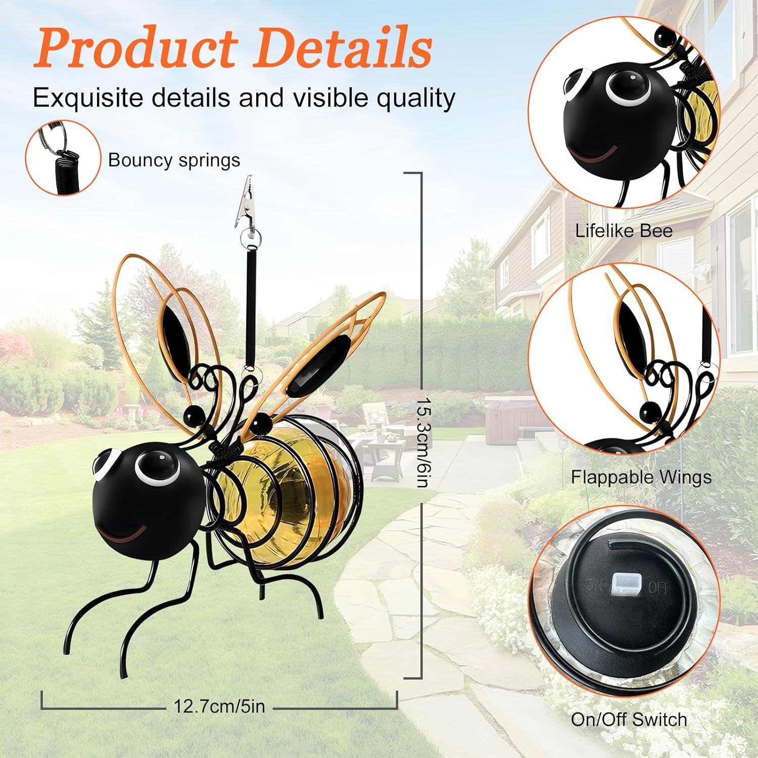 2 Pack Hanging Bee Solar Lights Clip-on Waterproof Solar Garden Lights with Springs Outside Led Lantern Solar Powered Decorations for Patio Balcony