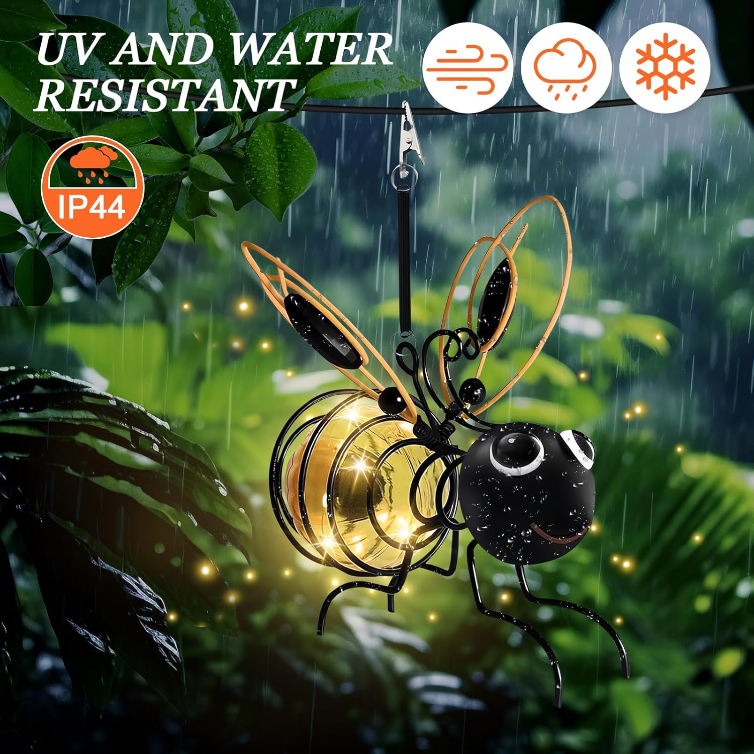 2 Pack Hanging Bee Solar Lights Clip-on Waterproof Solar Garden Lights with Springs Outside Led Lantern Solar Powered Decorations for Patio Balcony