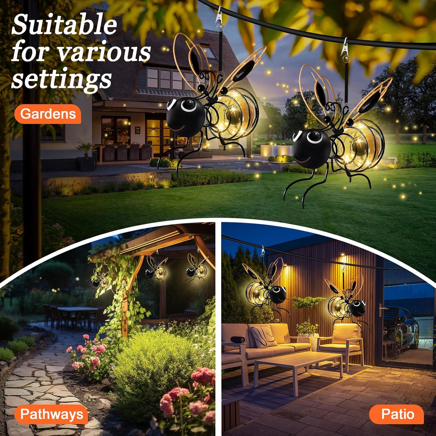 2 Pack Hanging Bee Solar Lights Clip-on Waterproof Solar Garden Lights with Springs Outside Led Lantern Solar Powered Decorations for Patio Balcony