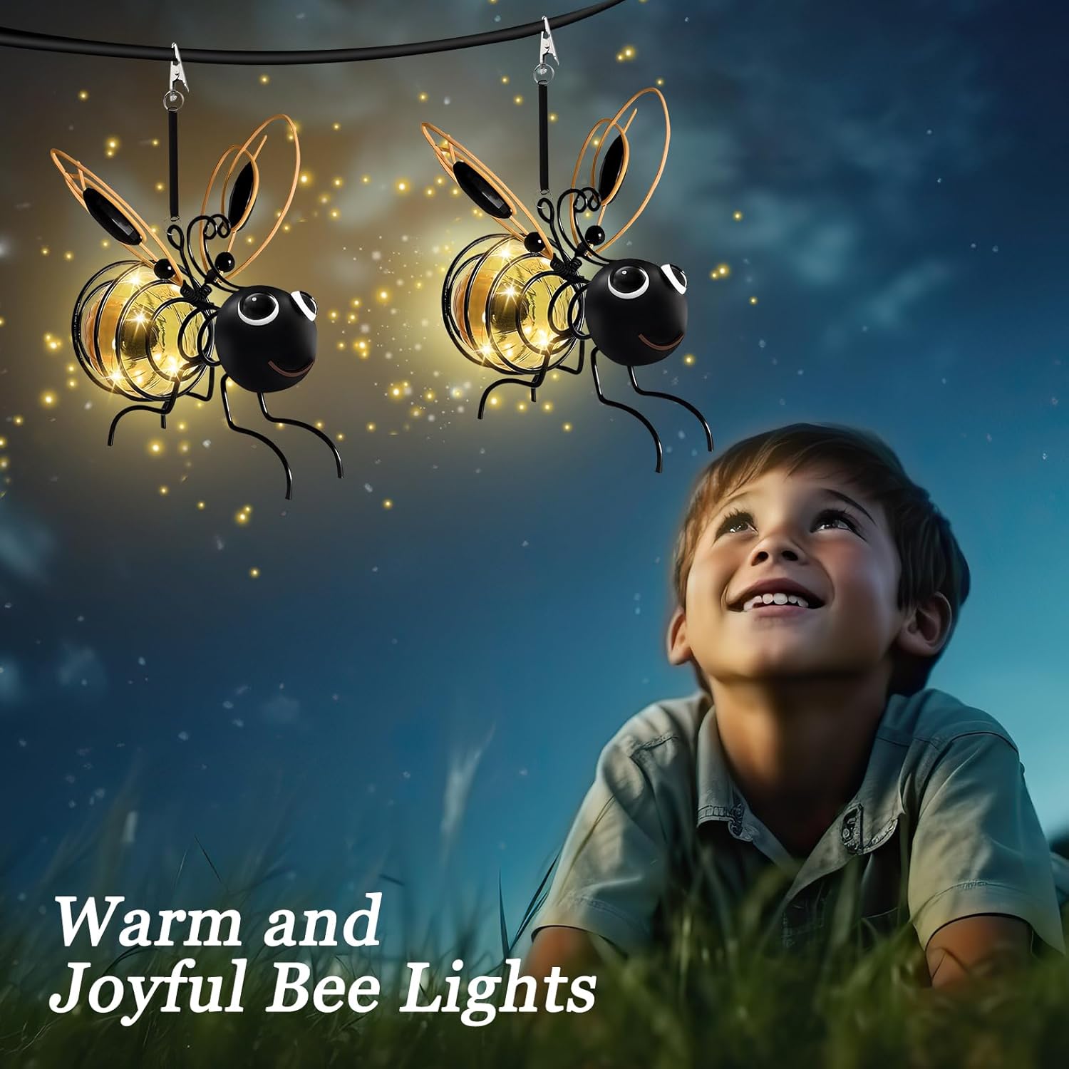 2 Pack Hanging Bee Solar Lights Clip-on Waterproof Solar Garden Lights with Springs Outside Led Lantern Solar Powered Decorations for Patio Balcony