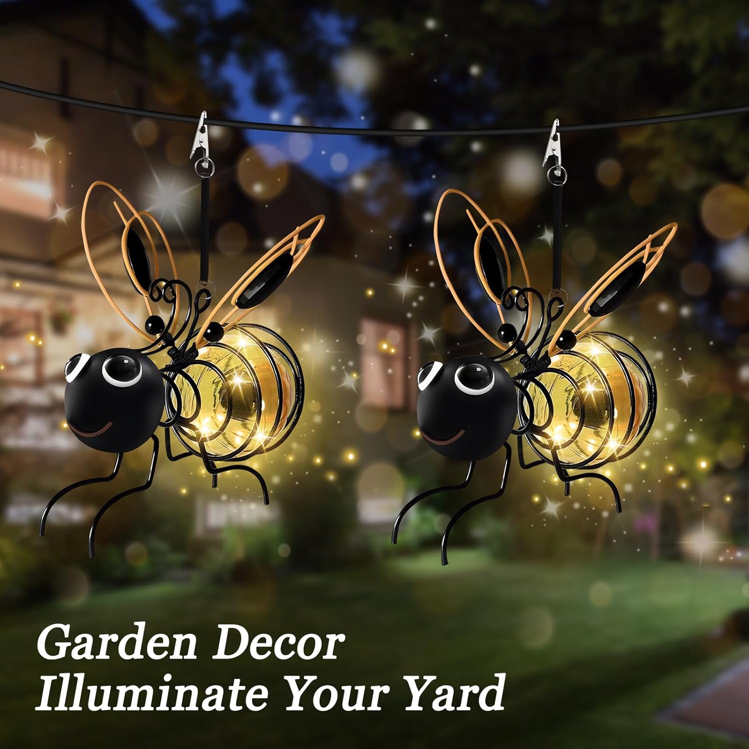 2 Pack Hanging Bee Solar Lights Clip-on Waterproof Solar Garden Lights with Springs Outside Led Lantern Solar Powered Decorations for Patio Balcony
