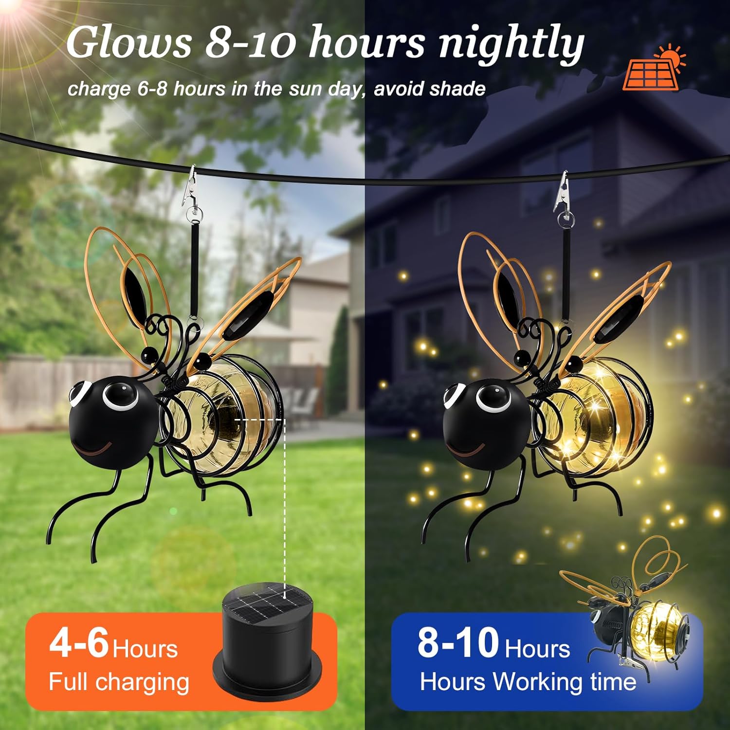 2 Pack Hanging Bee Solar Lights Clip-on Waterproof Solar Garden Lights with Springs Outside Led Lantern Solar Powered Decorations for Patio Balcony