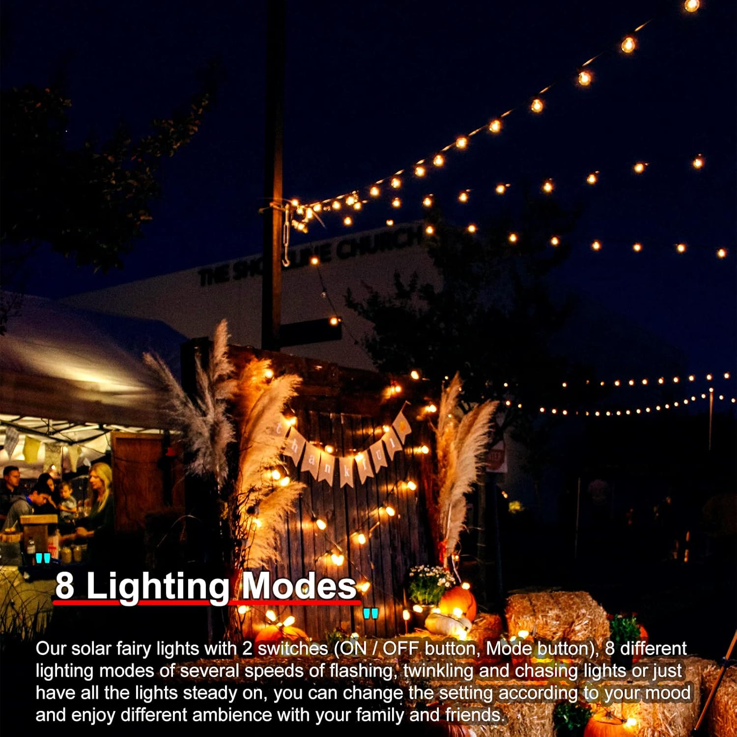 (Warm White-Warm White) Solar String Lights Outdoor 8 Modes 23ft 50LED Garden Lights Solar Fairy Lights Waterproof Lighting for Gazebo Fence Wall Patio 