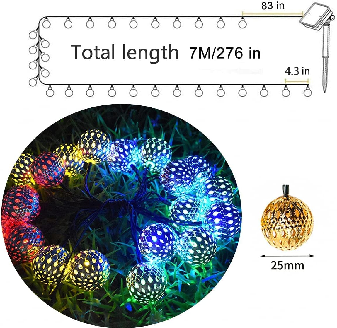 (Warm White-Warm White) Solar String Lights Outdoor 8 Modes 23ft 50LED Garden Lights Solar Fairy Lights Waterproof Lighting for Gazebo Fence Wall Patio 