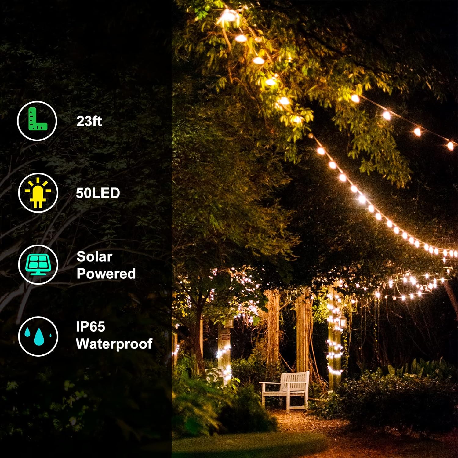 (Warm White-Warm White) Solar String Lights Outdoor 8 Modes 23ft 50LED Garden Lights Solar Fairy Lights Waterproof Lighting for Gazebo Fence Wall Patio 