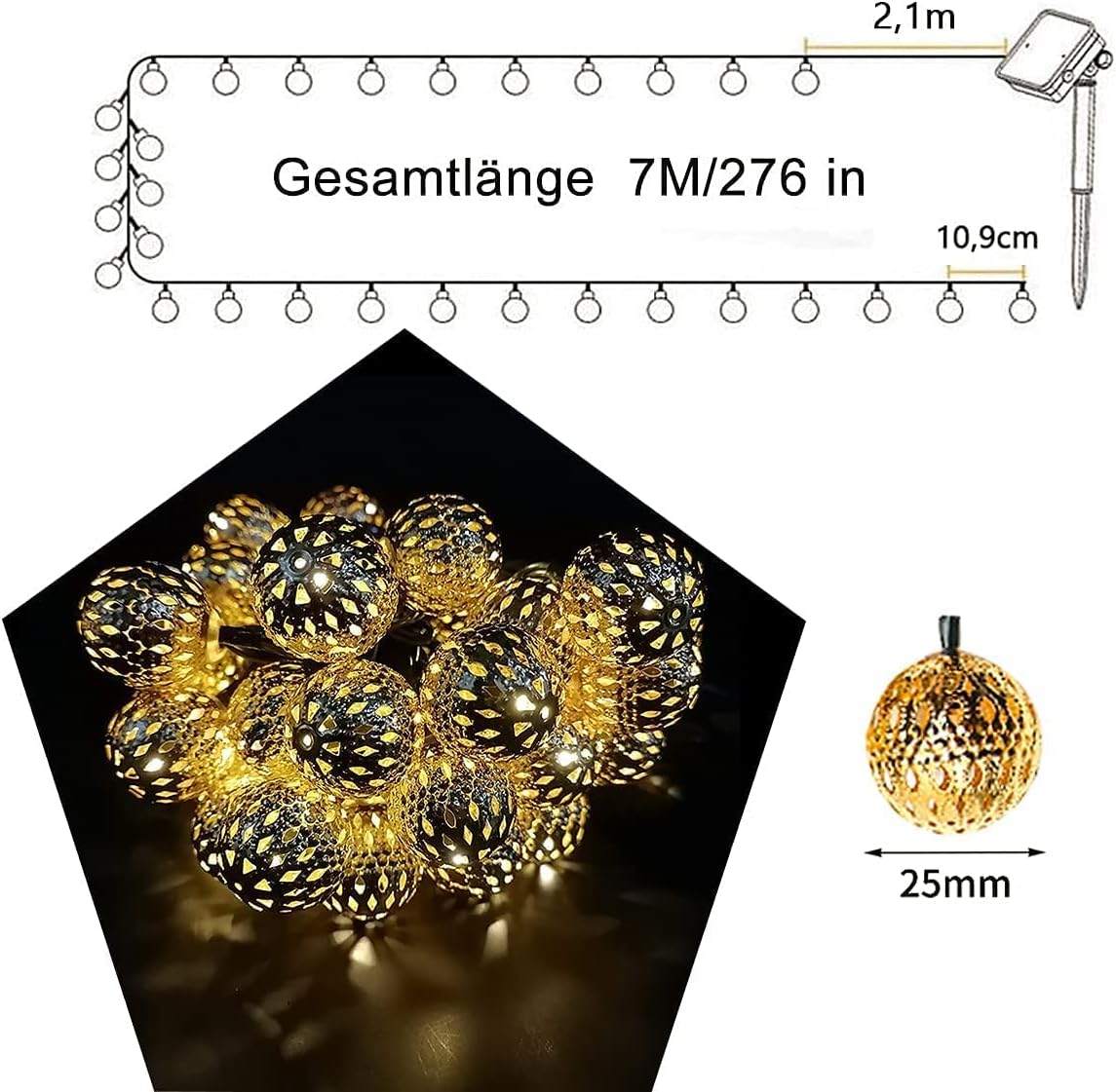 (Warm White-Warm White) Solar String Lights Outdoor 8 Modes 23ft 50LED Garden Lights Solar Fairy Lights Waterproof Lighting for Gazebo Fence Wall Patio 