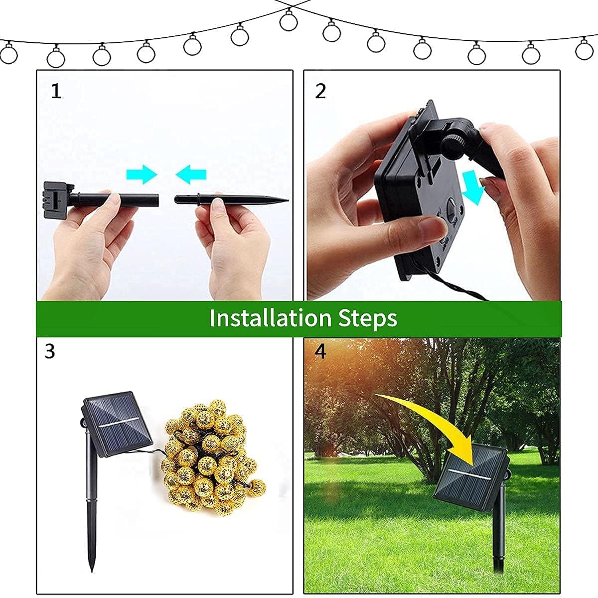 (Warm White-Warm White) Solar String Lights Outdoor 8 Modes 23ft 50LED Garden Lights Solar Fairy Lights Waterproof Lighting for Gazebo Fence Wall Patio 
