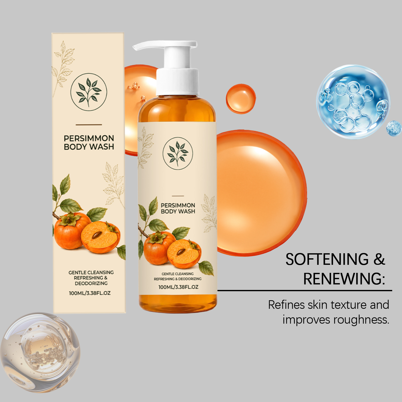 Persimmon Refreshing Body Wash Mild Texture Cleanses Body Skin For Daily Use Comfortable Non Sticky After Rinsing