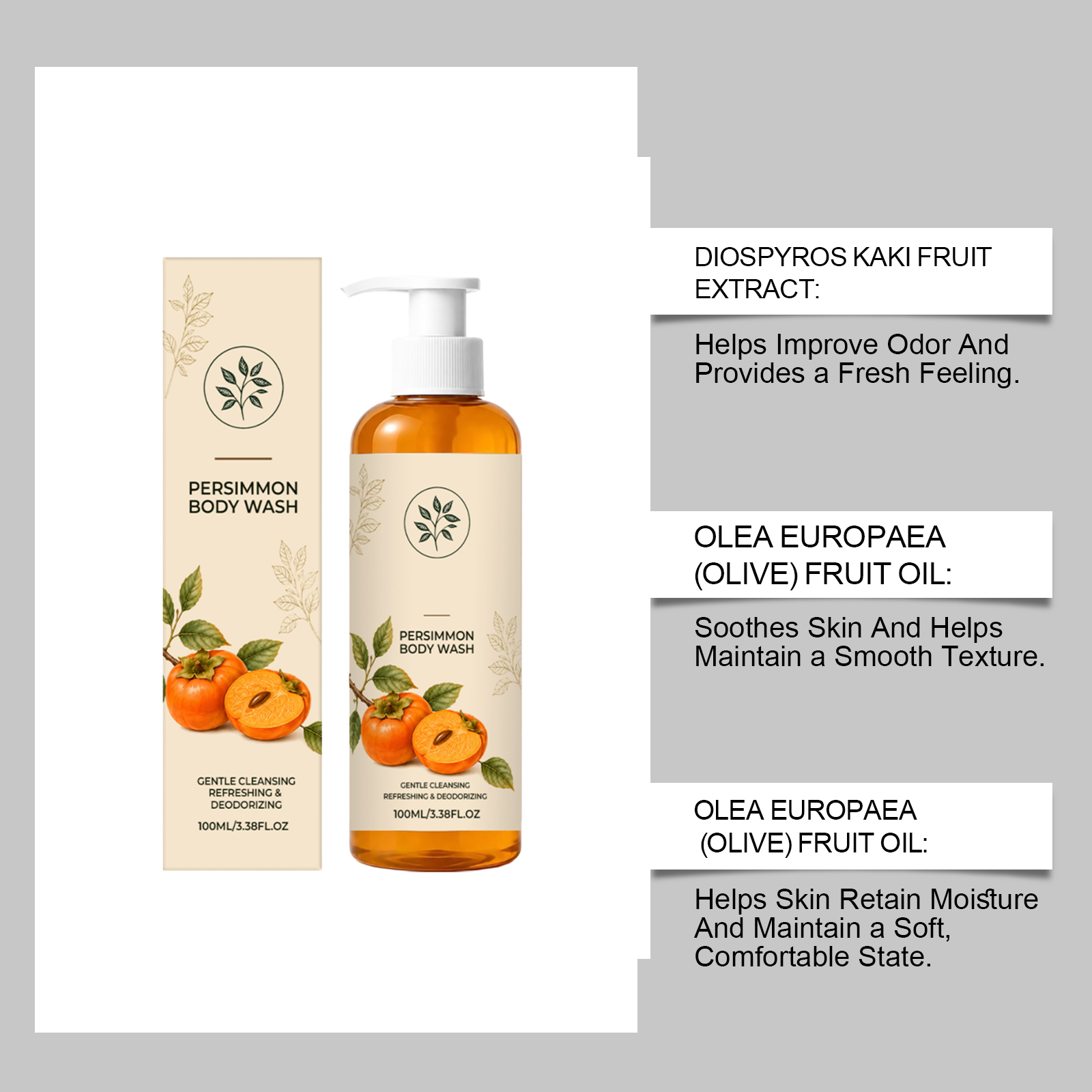 Persimmon Refreshing Body Wash Mild Texture Cleanses Body Skin For Daily Use Comfortable Non Sticky After Rinsing