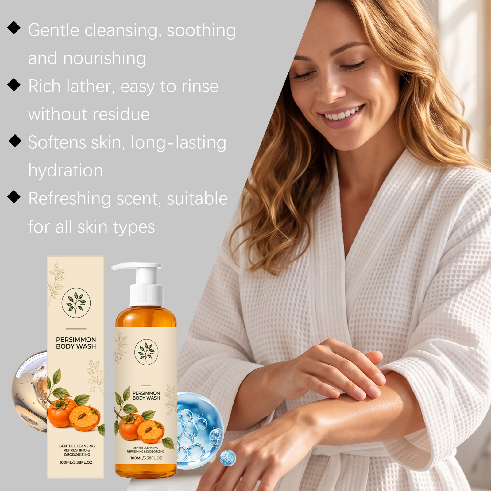 Persimmon Refreshing Body Wash Mild Texture Cleanses Body Skin For Daily Use Comfortable Non Sticky After Rinsing