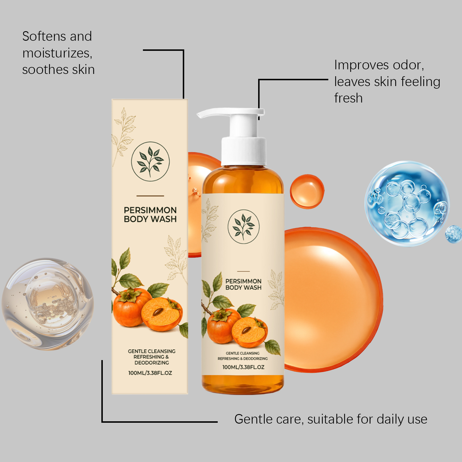Persimmon Refreshing Body Wash Mild Texture Cleanses Body Skin For Daily Use Comfortable Non Sticky After Rinsing