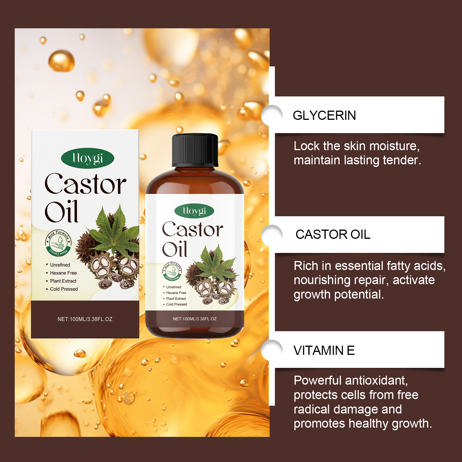 Organic Castor Oil Nourishes Hydrates Skin Body Eyebrows Hair Moisturizing Massage Care Oil