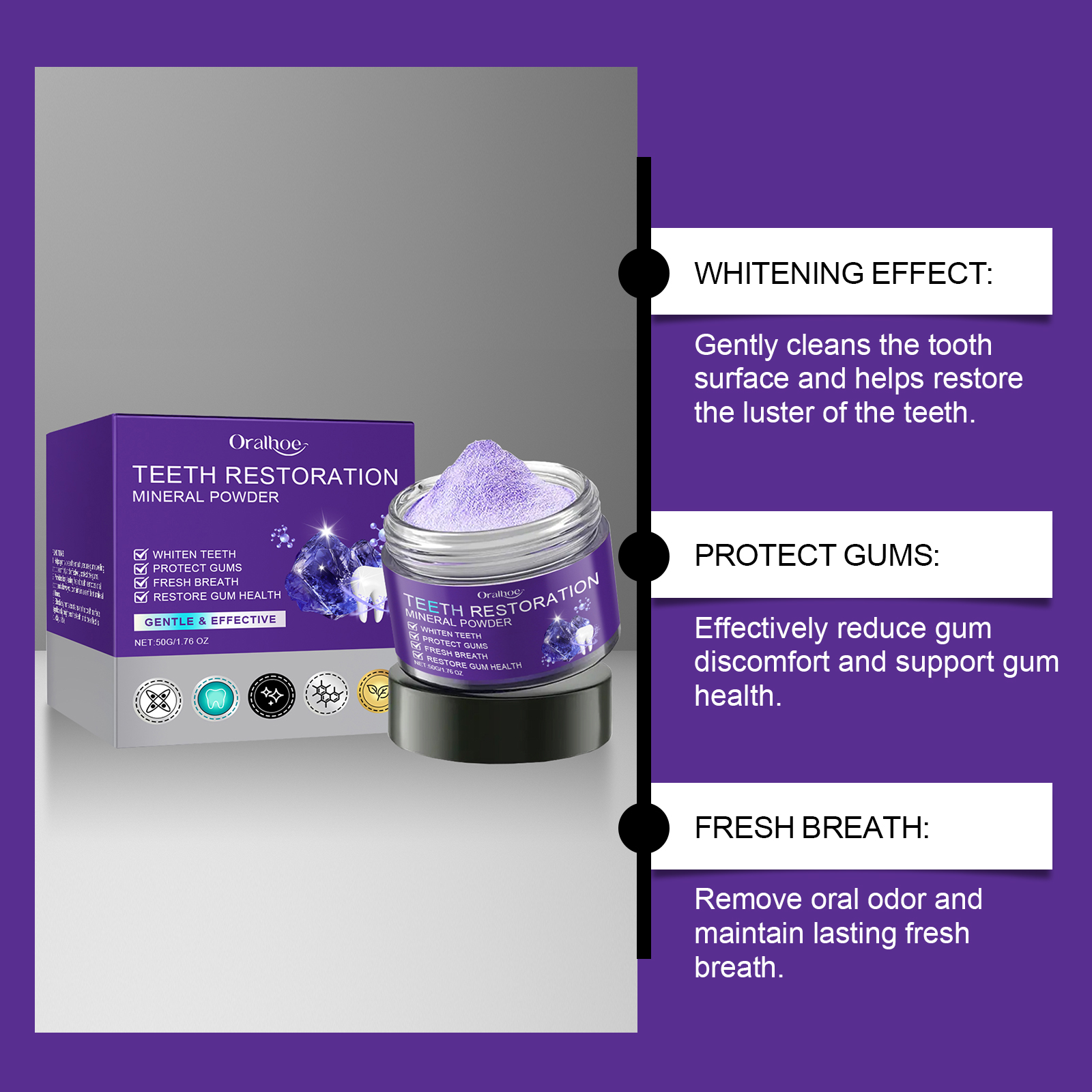 Purple Teeth Whitening Powder Stain Removal Gentle Cleaning For Fresh Breath Daily Oral Care