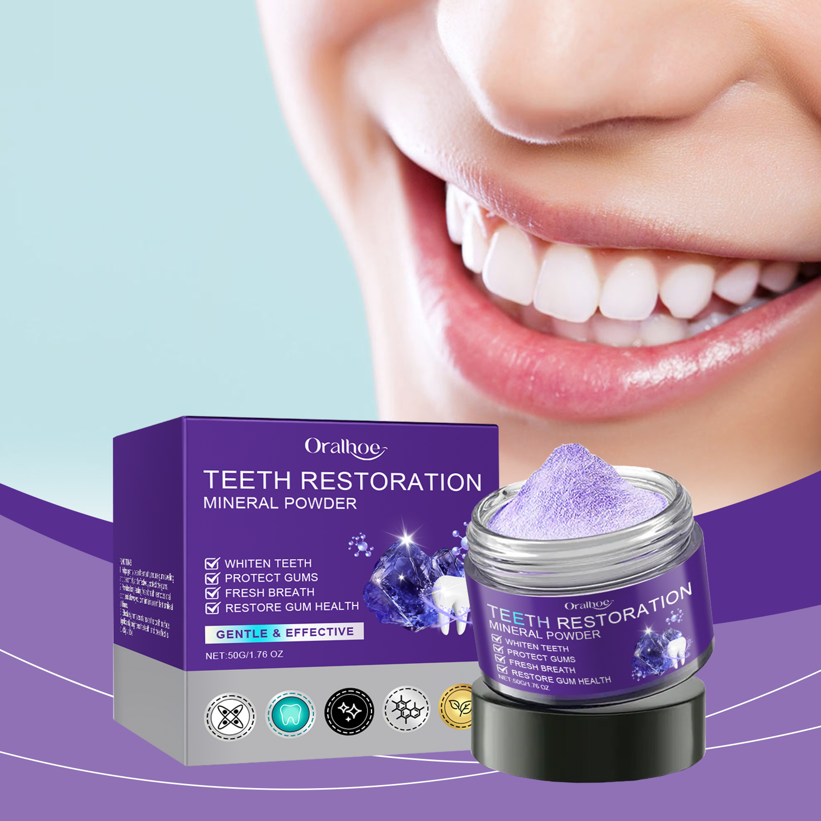 Purple Teeth Whitening Powder Stain Removal Gentle Cleaning For Fresh Breath Daily Oral Care