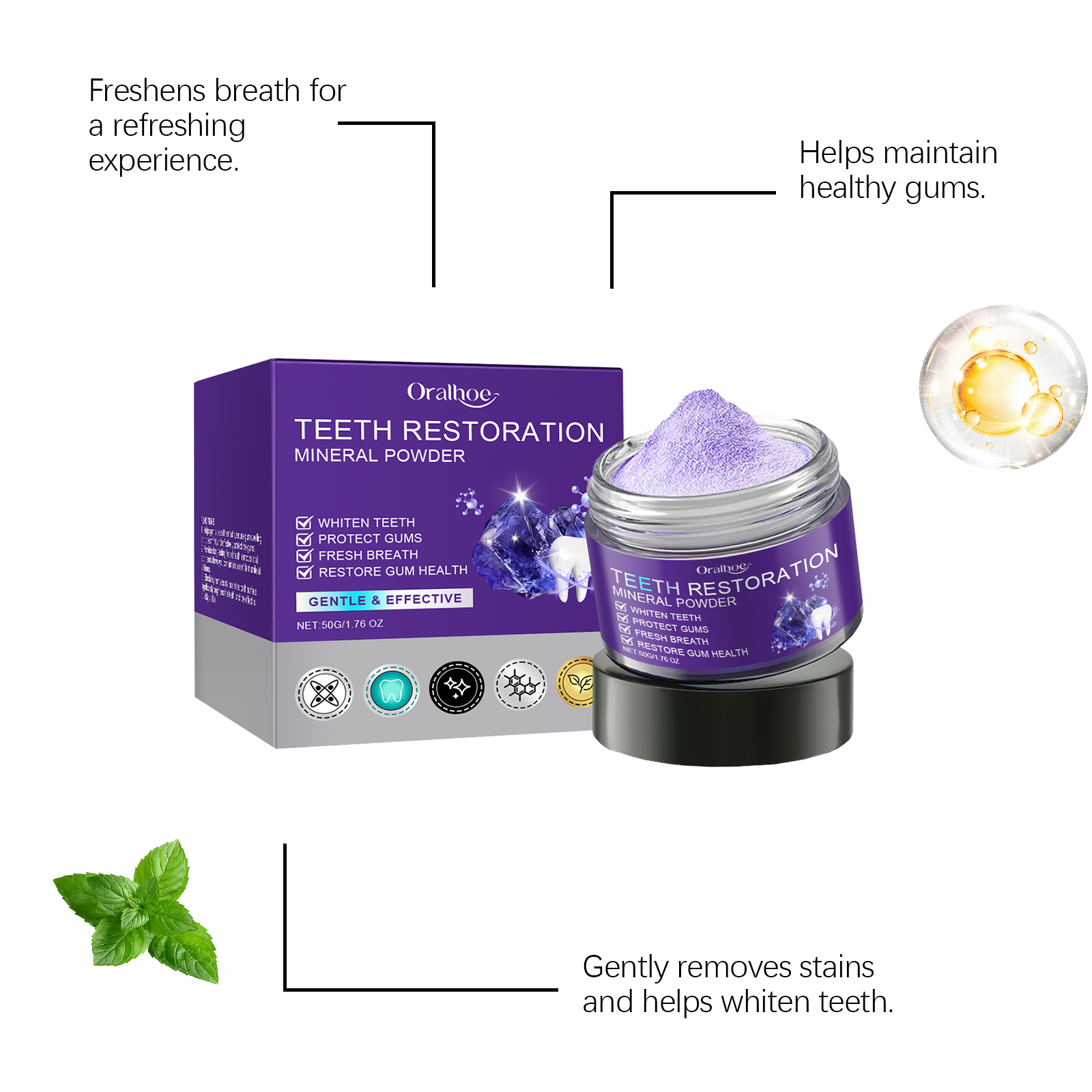 Purple Teeth Whitening Powder Stain Removal Gentle Cleaning For Fresh Breath Daily Oral Care