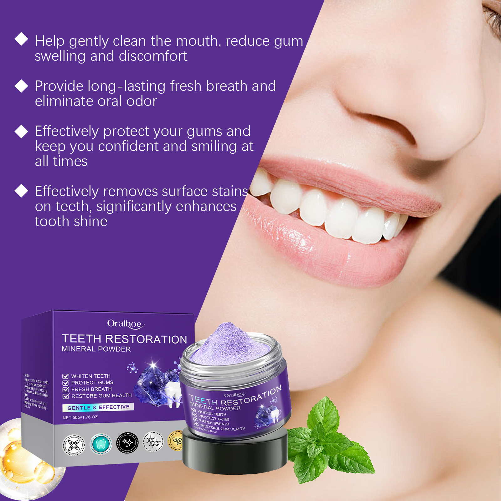 Purple Teeth Whitening Powder Stain Removal Gentle Cleaning For Fresh Breath Daily Oral Care