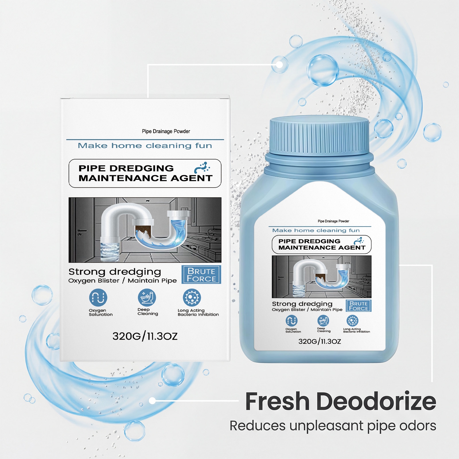 Drain Cleaner Powder For Kitchen Bathroom Pipe Clog Hair Grease Removal And Odor Control 320g