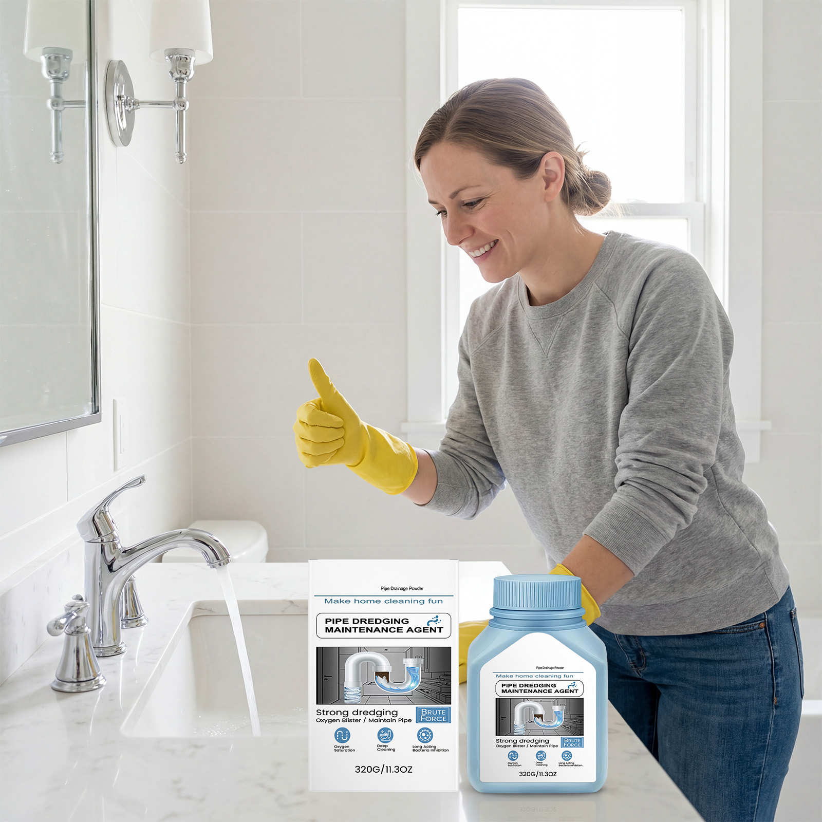 Drain Cleaner Powder For Kitchen Bathroom Pipe Clog Hair Grease Removal And Odor Control 320g