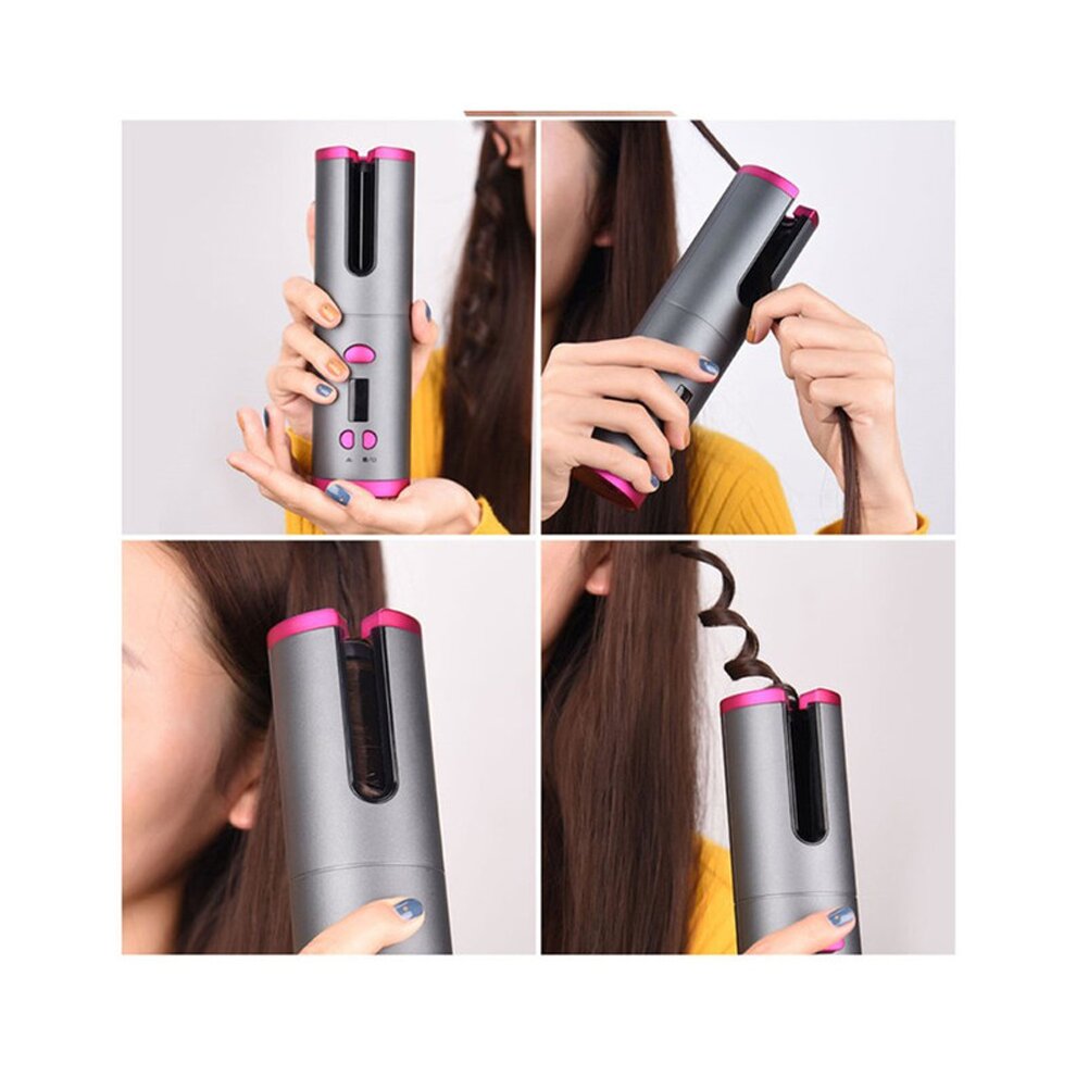 ((White Electric Auto Rotating)) Cordless Automatic Hair Curler | Portable Curling Tongs