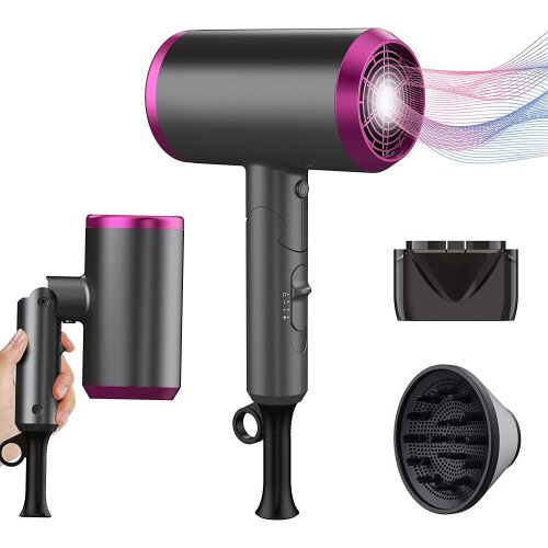 Travel Hair Dryer with Diffuser, Professional Hairdryer Low Noise Lightweight Blow Dryer