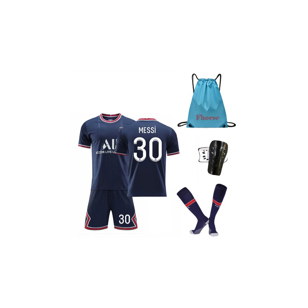 (3PCS Set Adults XXL) PSG Jersey Kit Messi Name Jersey Set Include Shorts T-Shirt Socks 21-22 Paris Home Football Kits Teens Kids Boys Football Jersey Sport Training Jersey Suit Childrens France Football Jersey Sports Suit Number 30 Blue
