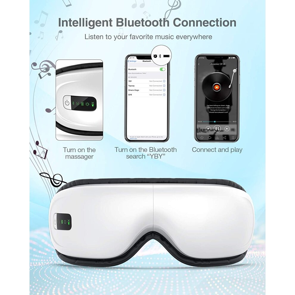 Eye Massager with Heat Vibration Rechargeable Foldable Air Compression Wireless Bluetooth Music for Relax and Reduce Eye Strain Dark Circles Eye Bags Dry Eye Improve Sleep Travel Office Home Car Use