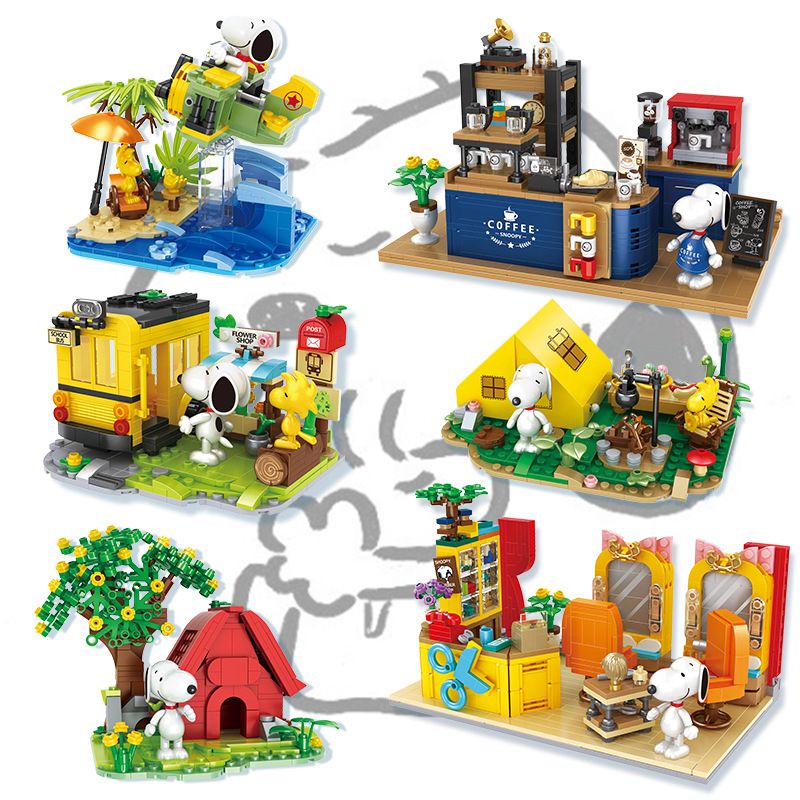 (Coffee shop) Snoopy Series Creative  Scene Building Blocks Assembling Toys Anime Model Toys for Kids Birthday Gifts