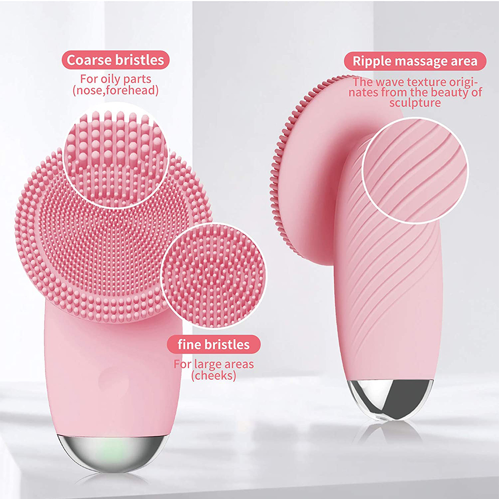 (Pink) Facial Cleansing Brush Electric Silicone Makeup Remover Face Skin Care Tools Waterproof Ultrasonic Sonic Cleanser Cleans Pores Facial Beauty Massager