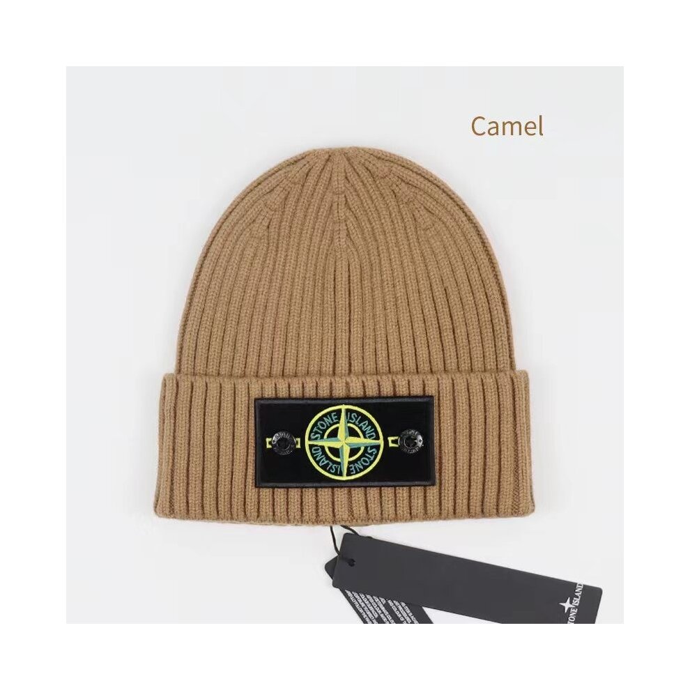 (Black) Stone Island Hat Warm Thick Cap Cuffed Knit Stretch Beanie Hat