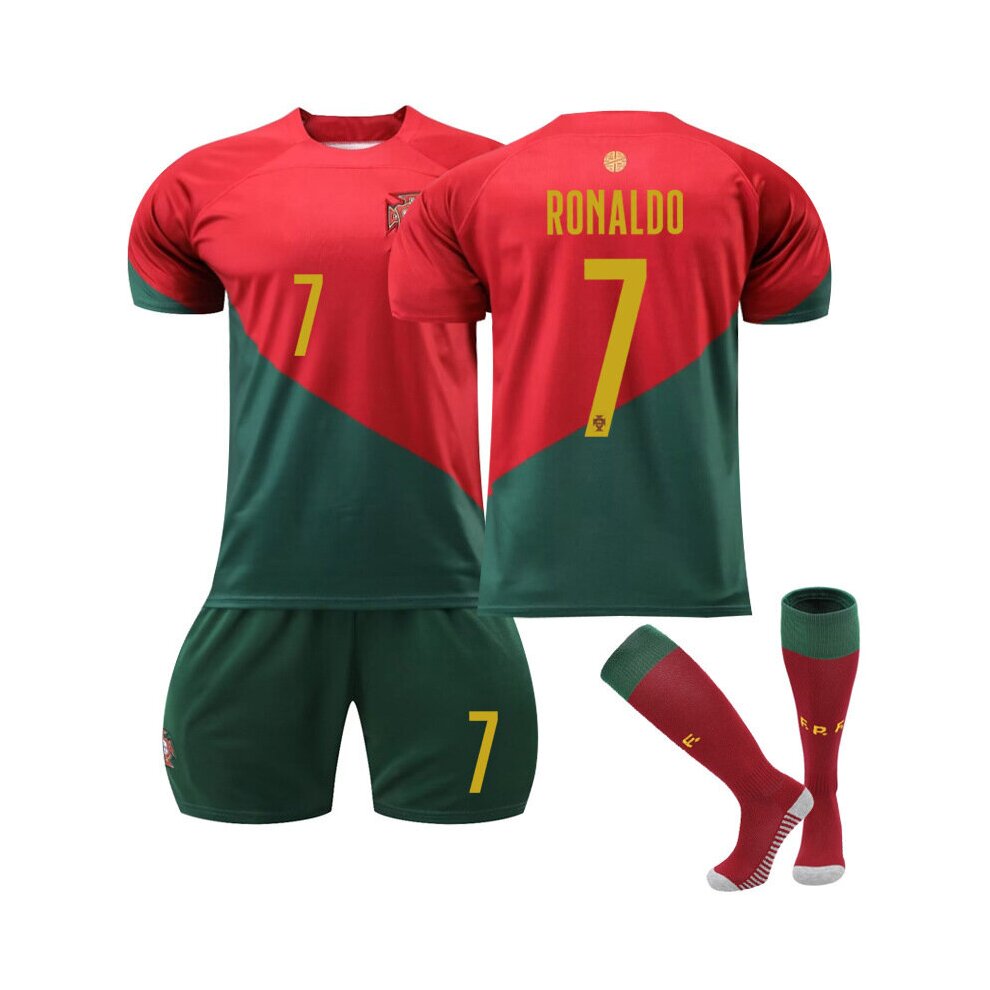 (Kids 16) Football Jersey Kits World Cup Ronaldo Number 7 Kids Adults Boys Youths Soccer Training Suit with Socks Outdoor Indoor Sportswear Gift
