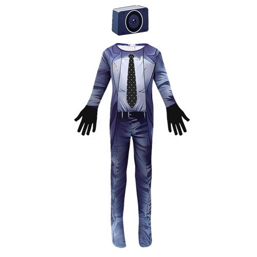 Skibidi Toilet Projector Man Cosplay Costume for Boy Kid Video Game Jumpsuit Bodysuit for Halloween Fancy Dress up with Mask
