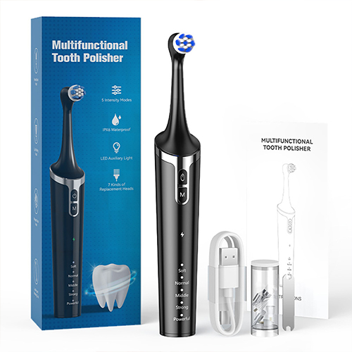 Tooth Polisher Multifunctional Teeth Whitening Kit for Cleaning Plaque Removal 5 Replaceable Brush Heads Adjustable Modes IPX6 Waterproof Rechargeable