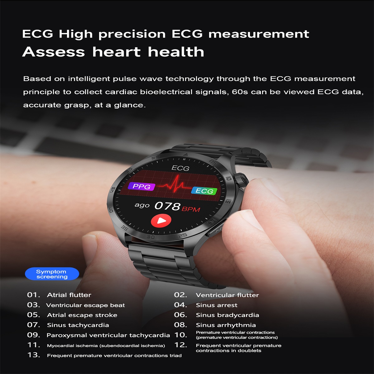 (Black Silicone) Men Smart Watch Blood Lipids Uric Acid ECG HD Screen Health Management Bluetooth Call Sports Fitness Tracker Waterproof Watches