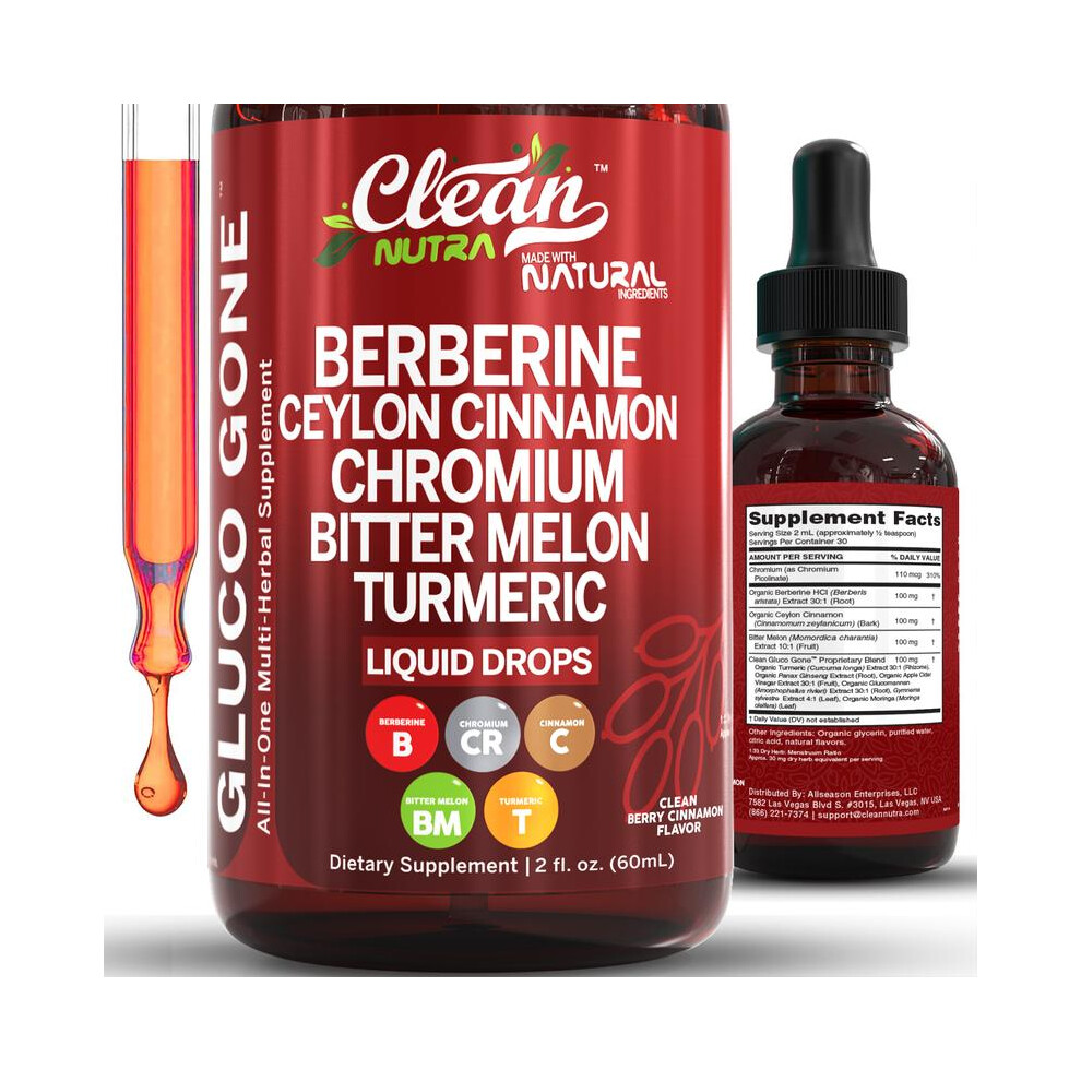 Organic Ceylon Cinnamon Berberine Liquid Drops Supplement with Bitter Melon Extract Glucomannan Gymnema Chromium Turmeric Organic Panax Ginseng
