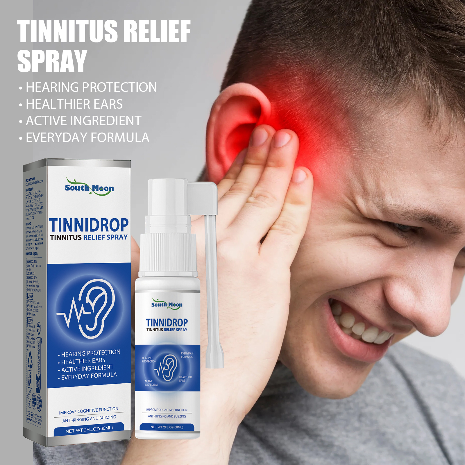60ml Tinnitus Relief Spray Quick Dry Formula Ear Cleaning Solution Gift for Parents Wife Husband