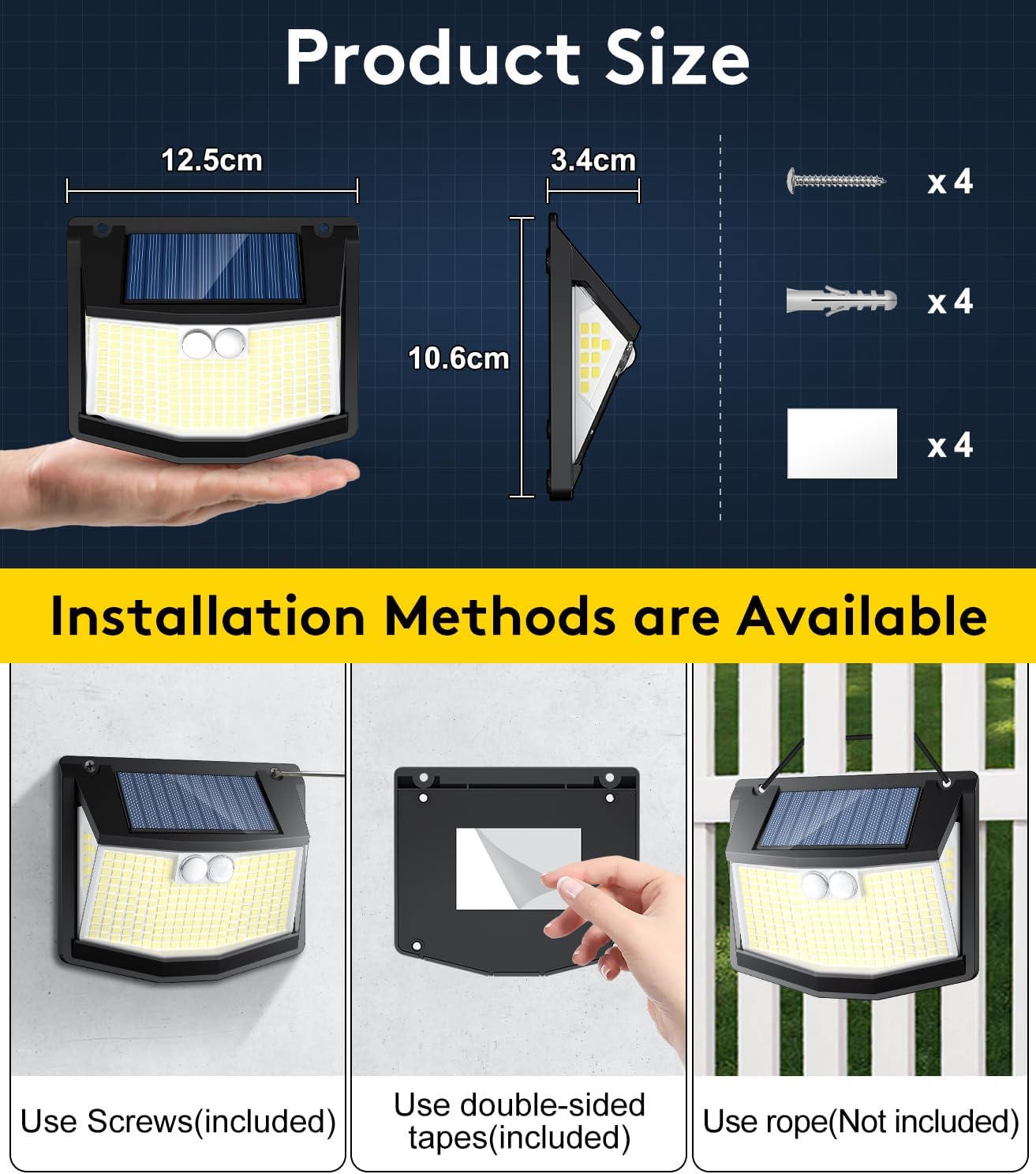 (4 PCS) Solar Lights Outdoor Garden 248 LED Solar Security Light 3 Motion Sensor Modes and 270 Wide Angle Lighting IP65 Waterproof Outside Solar Powered Wall Lights for
