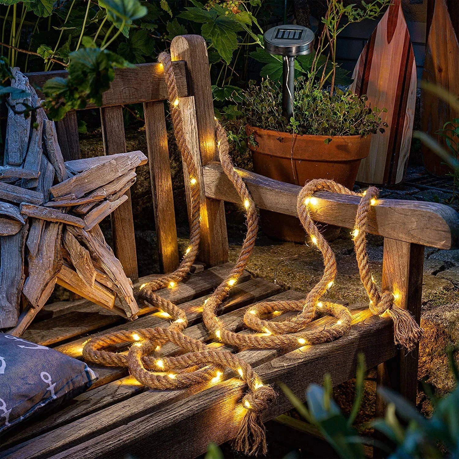 33ft Solar Powered 100 LED Bulb Garden Outdoor Hemp Rope String Fairy Light
