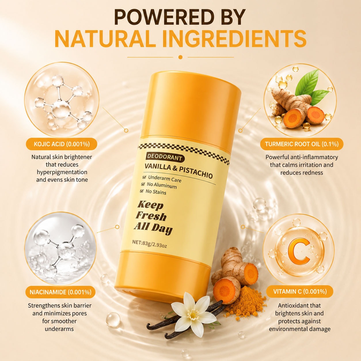 Kojic Acid Turmeric Aluminum Free Deodorant Balm For Odor Control And Gentle Skin Care 83g