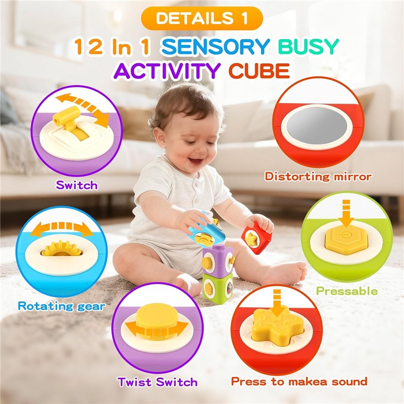 Montessori Activity Cube Busy Board 12-in-1 Travel Toys Airplane Car Educational Activity Stacking  Sensory Toys for Toddlers