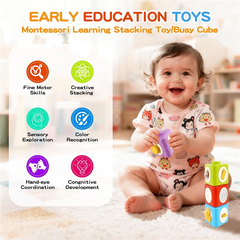 Montessori Activity Cube Busy Board 12-in-1 Travel Toys Airplane Car Educational Activity Stacking  Sensory Toys for Toddlers
