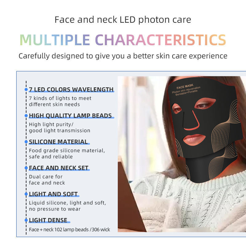 (Light therapy Mask with Neck) Silicone LED Mask Face With Neck 7 Colors LED Photon Red Light Infrared Therapy Flexible Facial Mask Beauty Devices Face Instrument Skin Rejuvenation Anti Aging
