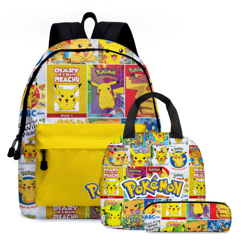 (01, 3PCS) Poku00e9mon Pikachu Backpack Lunch Bag Pencil Case Set Kids Gift