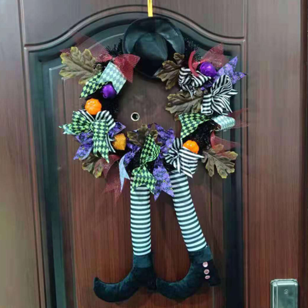 Halloween Front Door Wreath with Hat Witches Legs Pumpkin Hanging for Front Door Porch Window Indoor Outdoor Party Decoration 24 Inchs