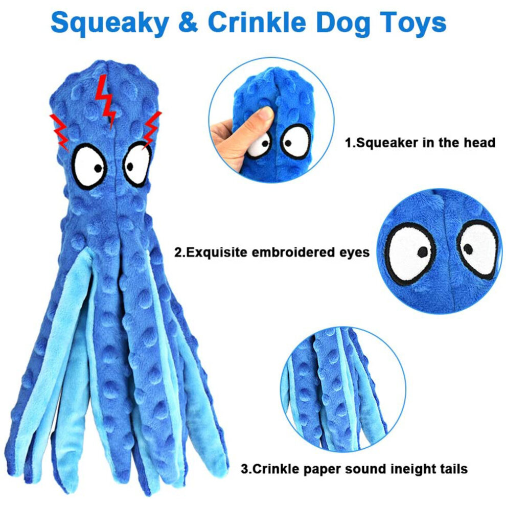 (Blue) Squeaky Dog Interactive Play Toy,No Stuffing Octopus Dog Chew Toy with Crinkle Paper for Medium and Large Dog Playing