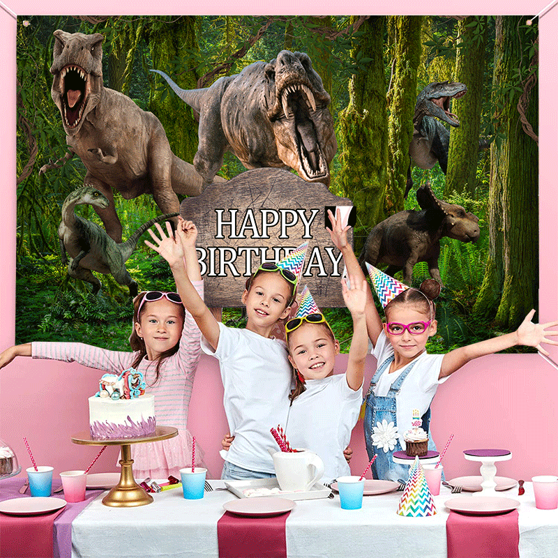 Dinosaur Theme Backdrop Banner Happy Birthday Photo Background Tropical Jungle Birthday Party Backdrop Decor for Kid Dinosaur Theme Birthday Party