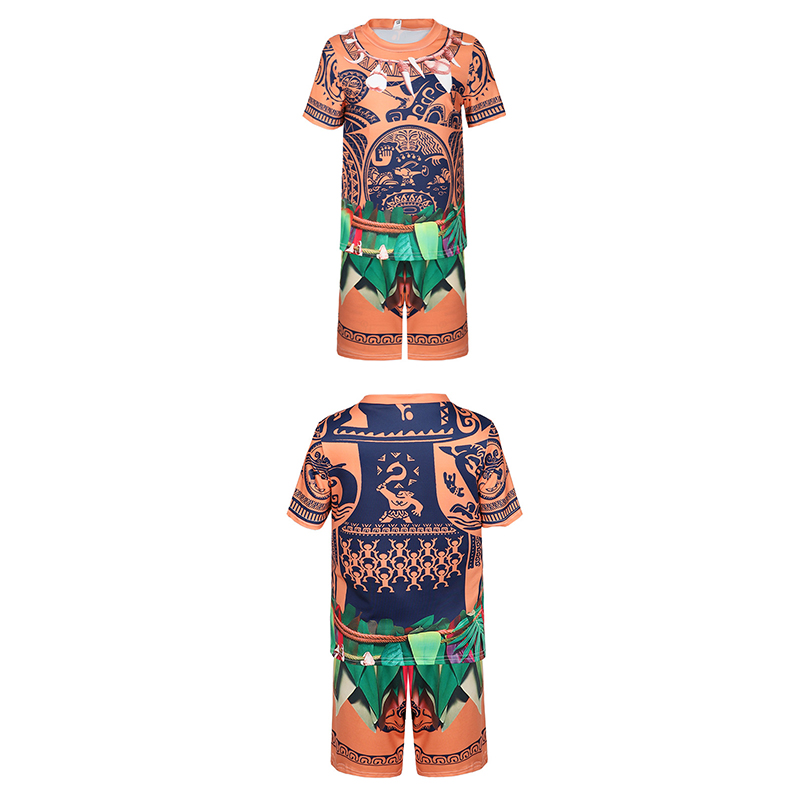 (Size 100) Moana Maui Costume for Kids Boys Fancy Dress Up Halloween Birthday Theme Party Outfits Kids Short Sleeve T Shirt Tattoo Tops  Pants Cosplay Outfits