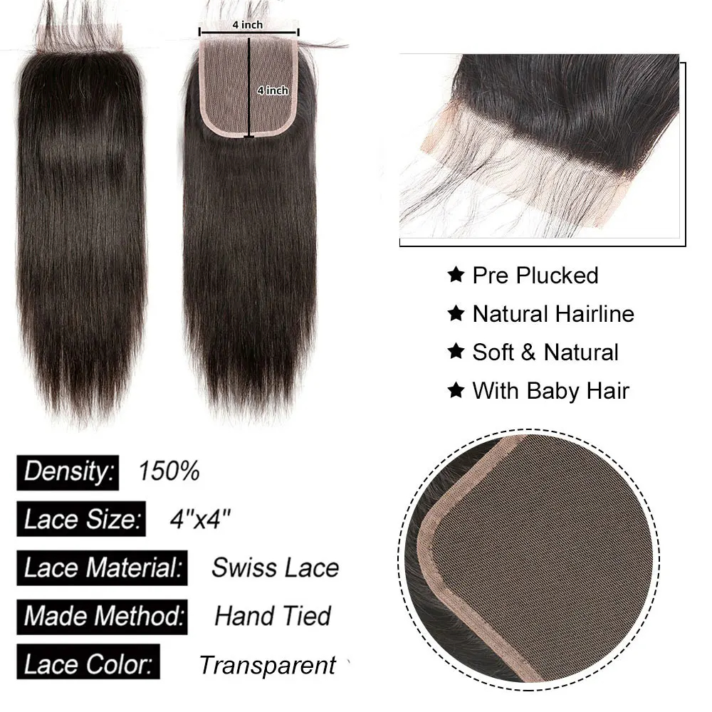 (4x4 Lace Closure 22inches) Straight 4x4 5x5 Lace Closure Human Hair Transparent HD 13x4 Lace Frontal Human Hair Ear to Ear Frontal Extensions