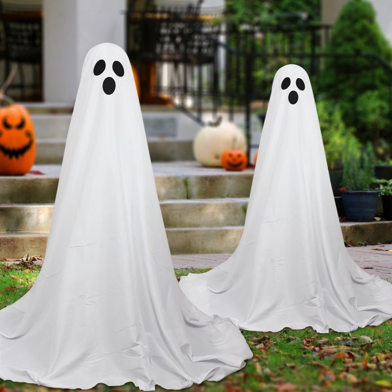 2 Pcs Spooky Ghost Standing With Light Strings Halloween Decoration